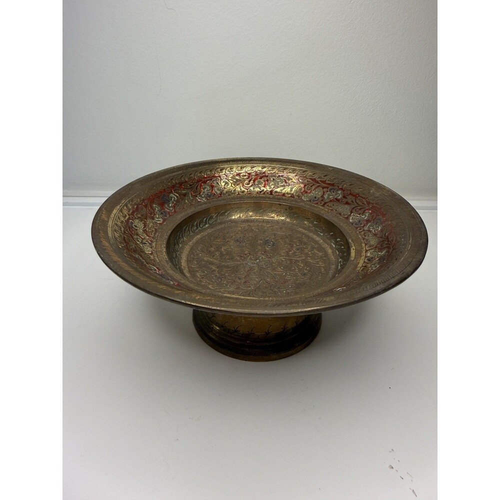 Vintage Hand Etched Enameled Brass Pedestal Bowl India 6.75” D- Floral Red Green